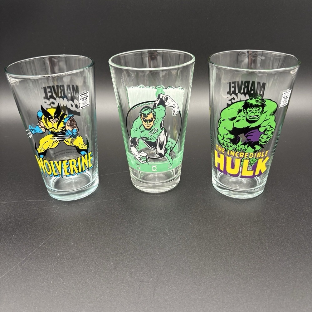 3 Piece Marvel Comics 12 Oz Incredible Hulk Gr Lantern Wolverine‎ Glasses